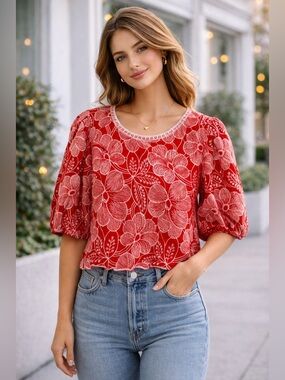 Solitaire Red Floral Embroidered Top Large Cottagecore Puff Sleeve Boho Blouse